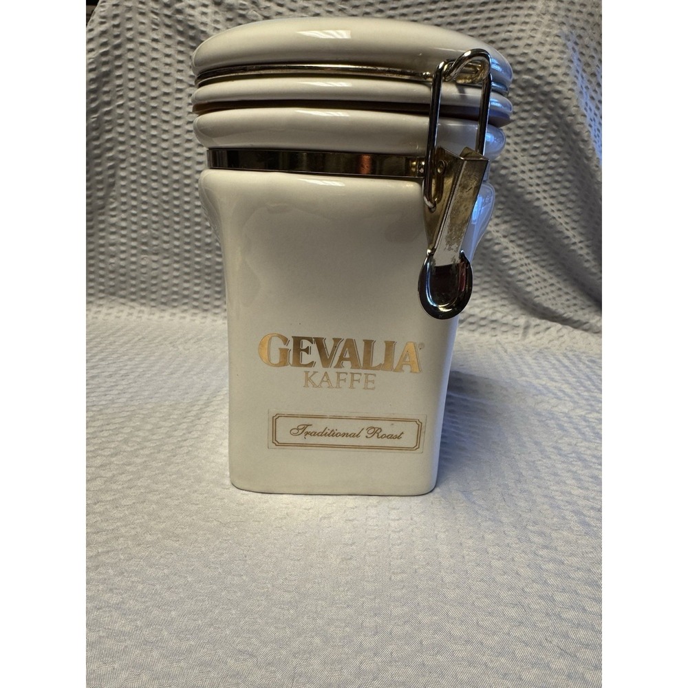 Gevalia‎ Kaffe 8" Coffee Storage White Airtight Ceramic Gold Traditional Roast